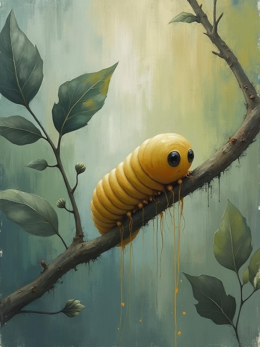 Oversized yellow caterpillar on a branch with leaves
