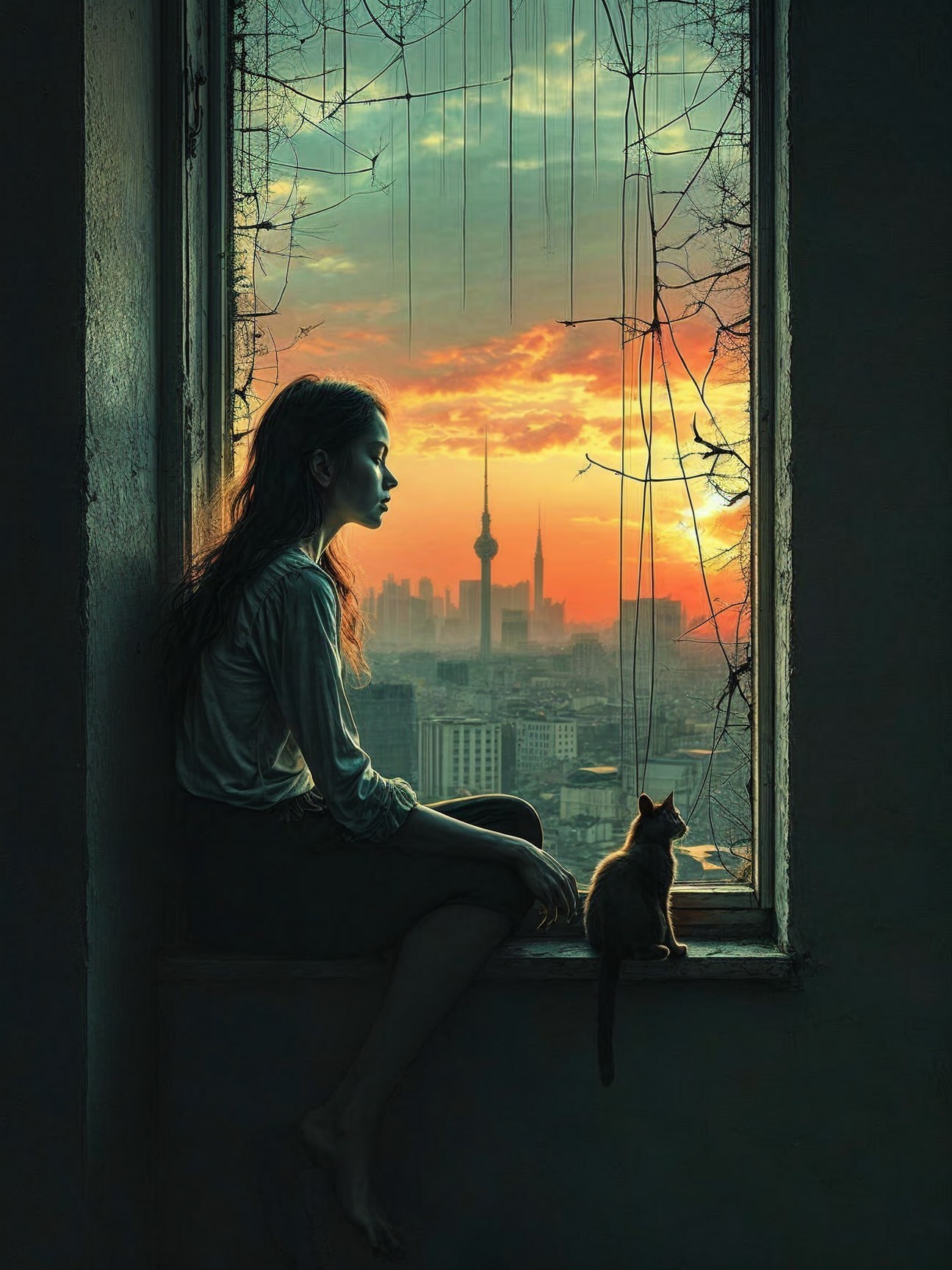 Woman gazing at sunset with cat in serene setting