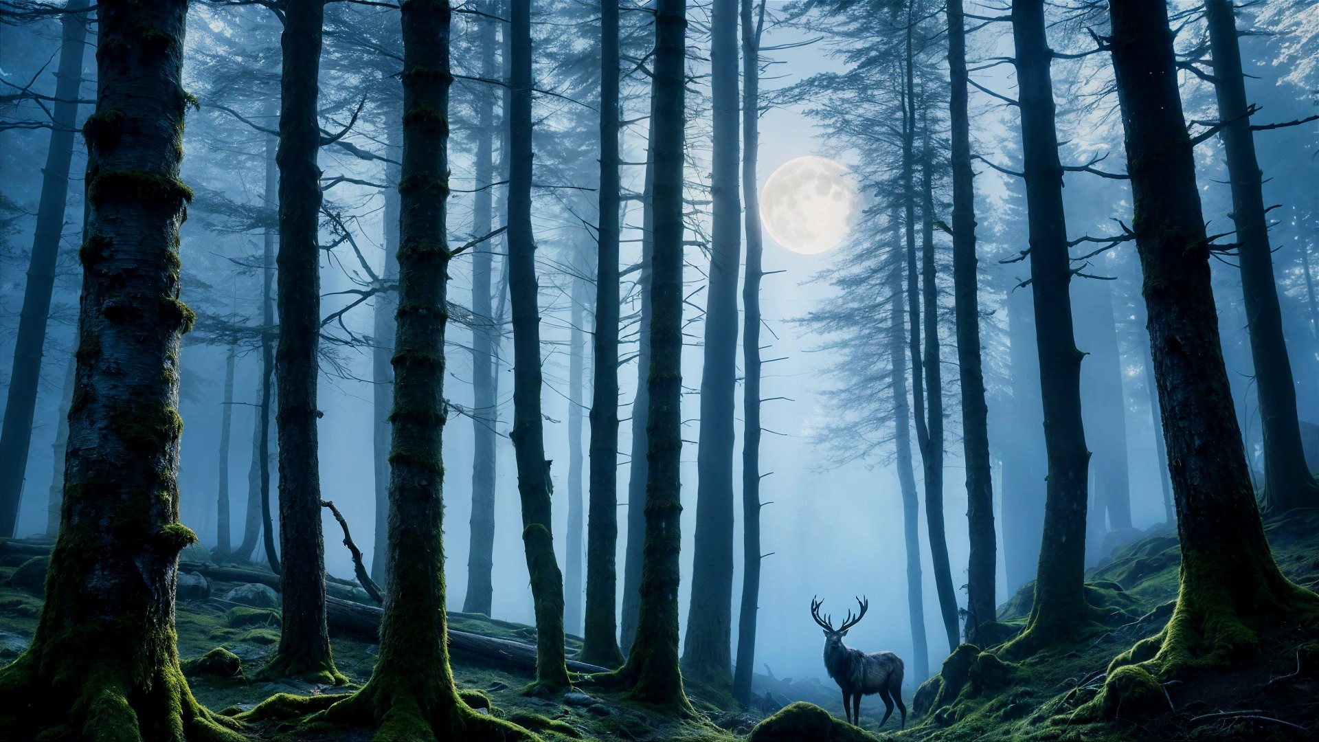 Misty Forest Scene with Deer Under Full Moonlight