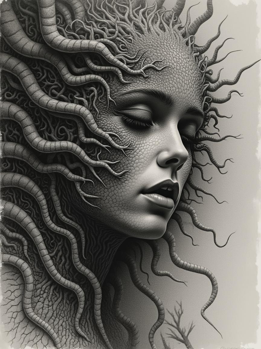 Monochromatic Artwork of Female Figure with Snake Hair