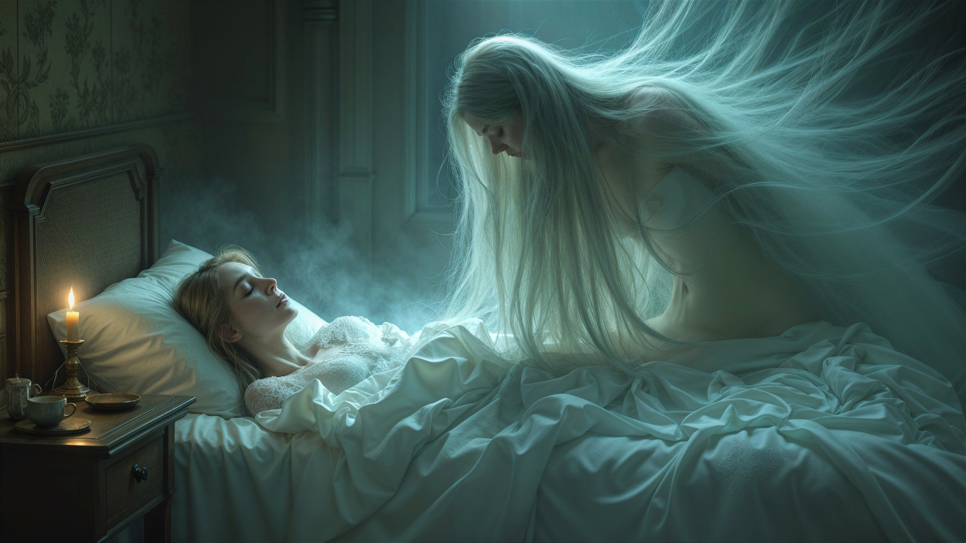 Ghostly Figure Over Sleeping Woman in Dim Room