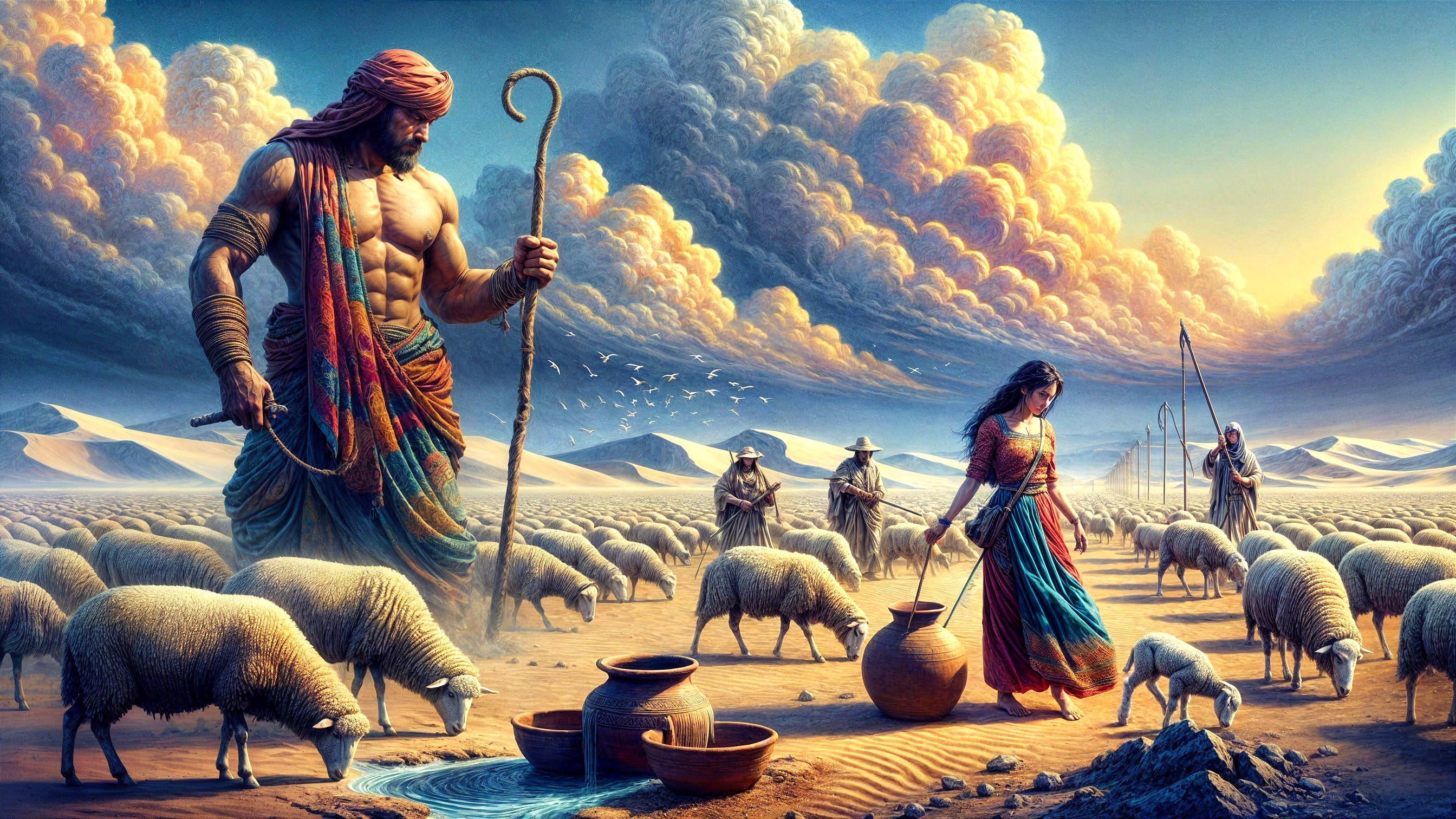 Desert Scene with Man, Sheep, and Colorful Attire