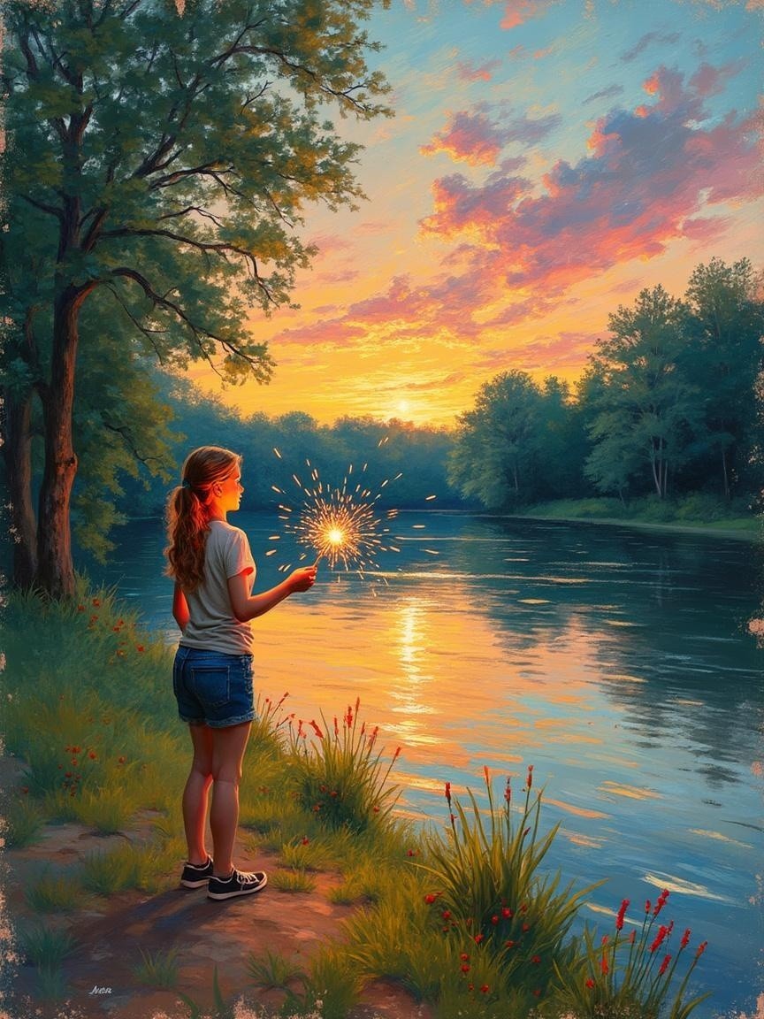 Young girl by river at sunset with sparkler