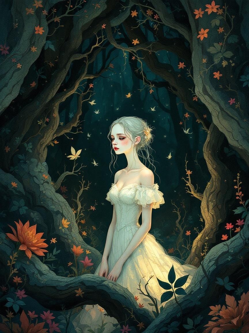 Serene figure in enchanted forest with autumn scenery