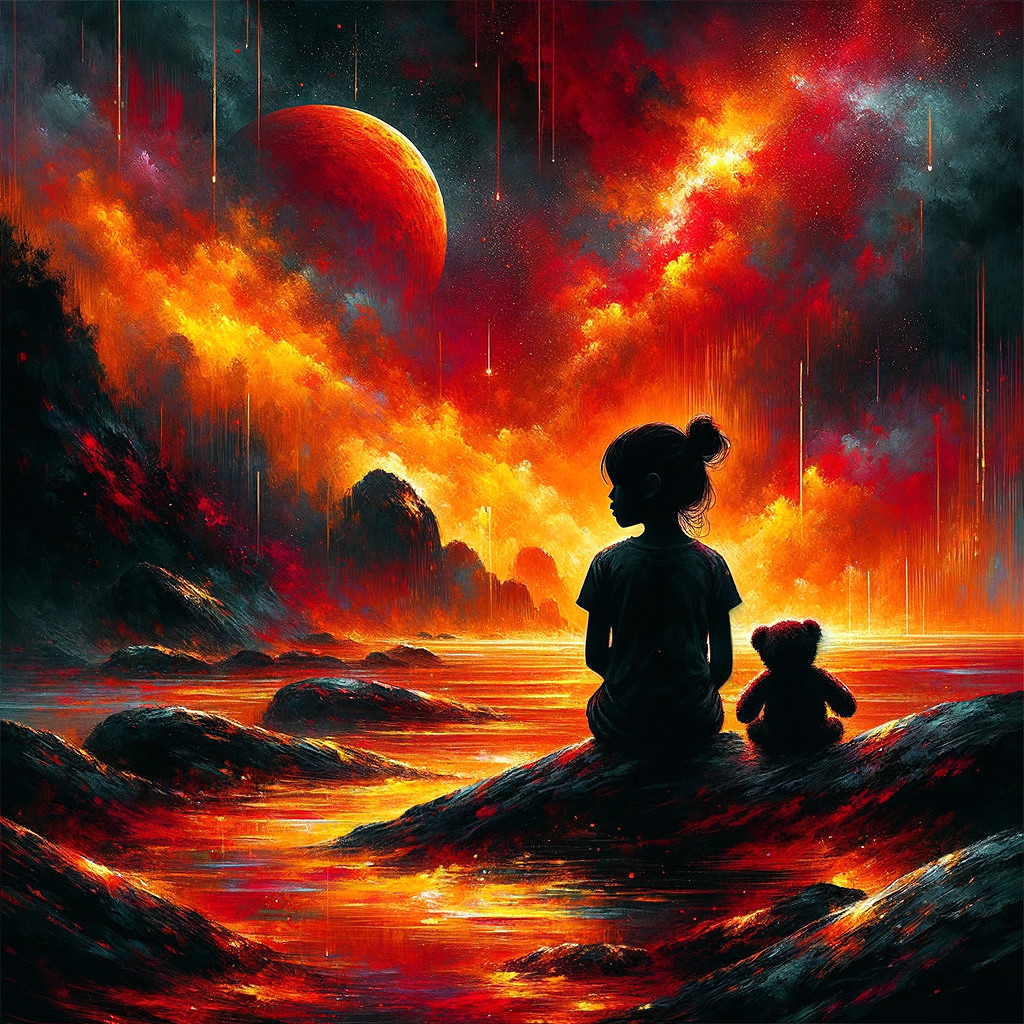 Child on Rocky Shore with Teddy Bear and Cosmic Scene