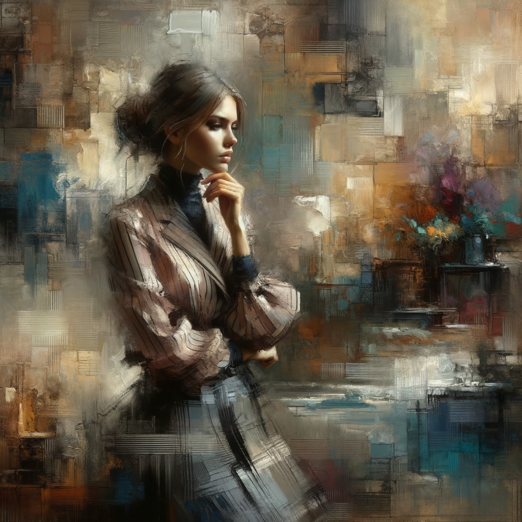Contemplative Woman in Elegant Blouse Against Abstract Background