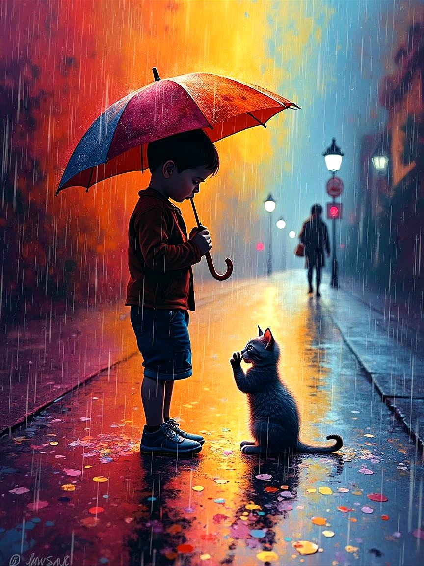 Young boy with red umbrella on rainy autumn street