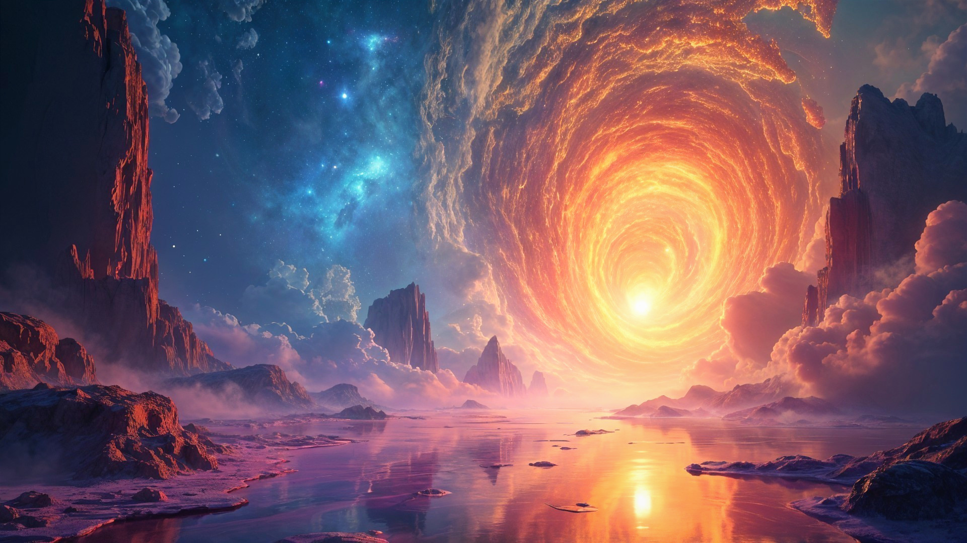 Swirling Vortex of Orange Light in Cosmic Landscape