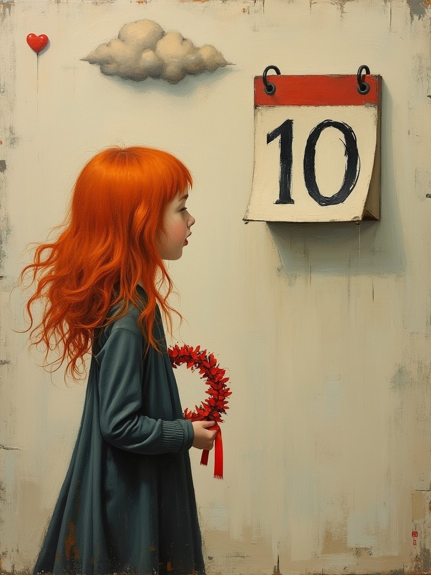 Young girl with red hair holding wreath and calendar