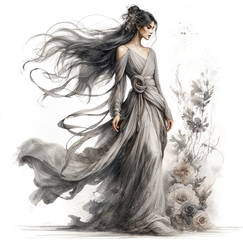 Ethereal figure in flowing gown with floral accents