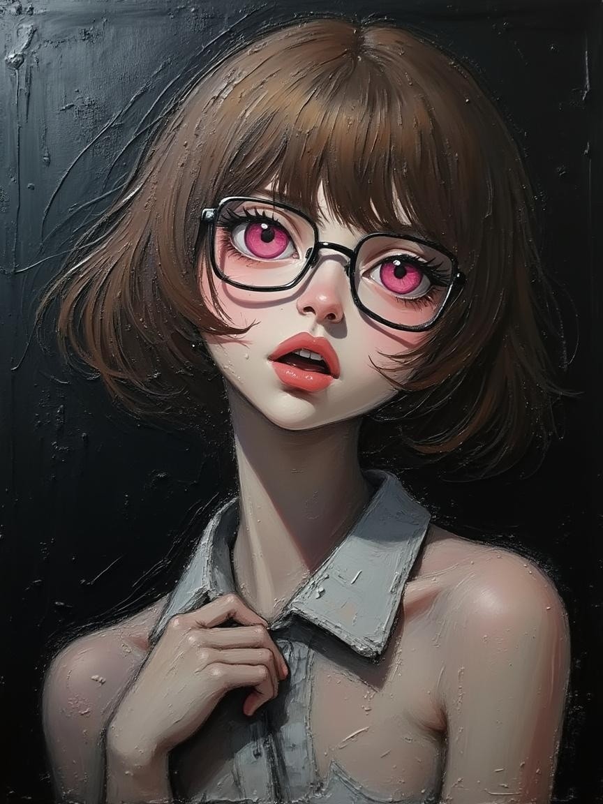 Portrait of a Young Woman with Pink Eyes and Glasses