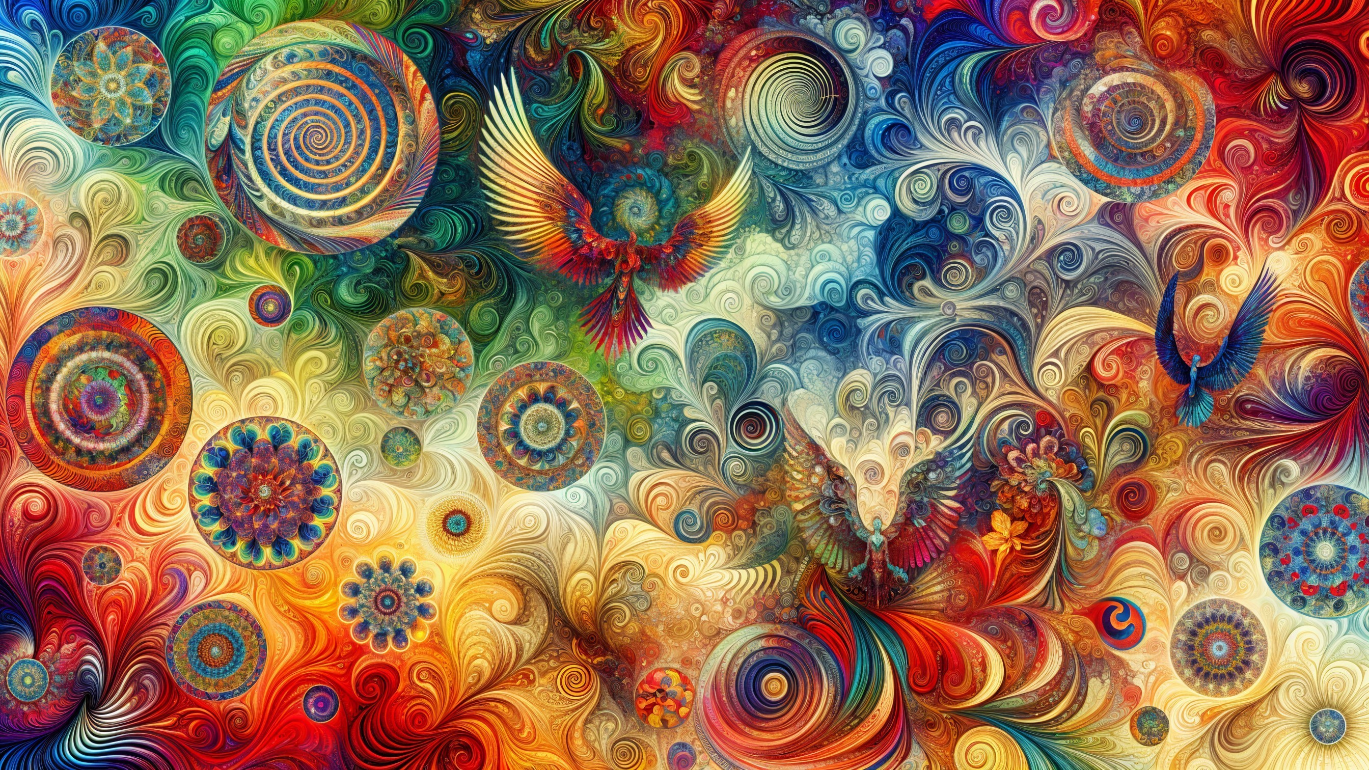 Vibrant Tapestry of Colors and Phoenix Figures