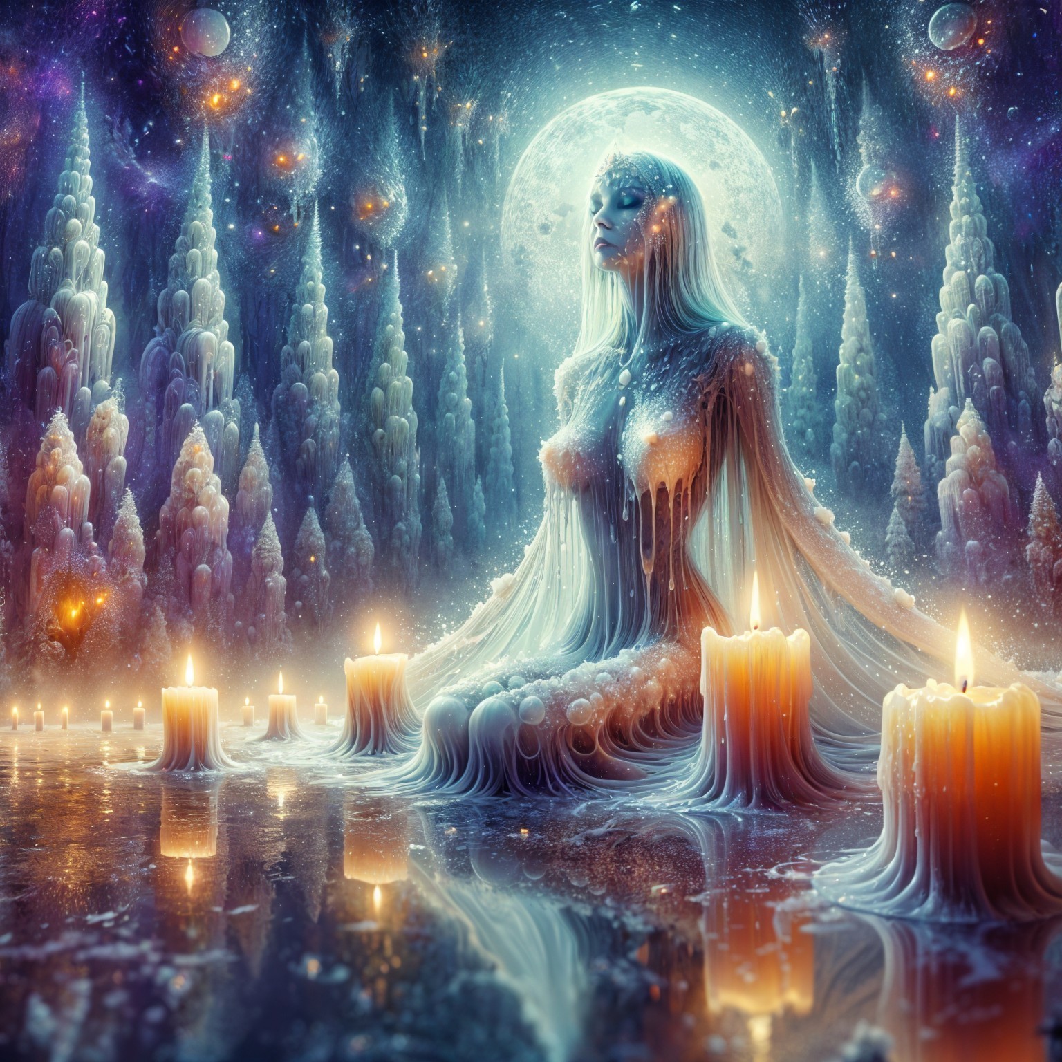 Ethereal Figure in Mystical Landscape with Moonlight