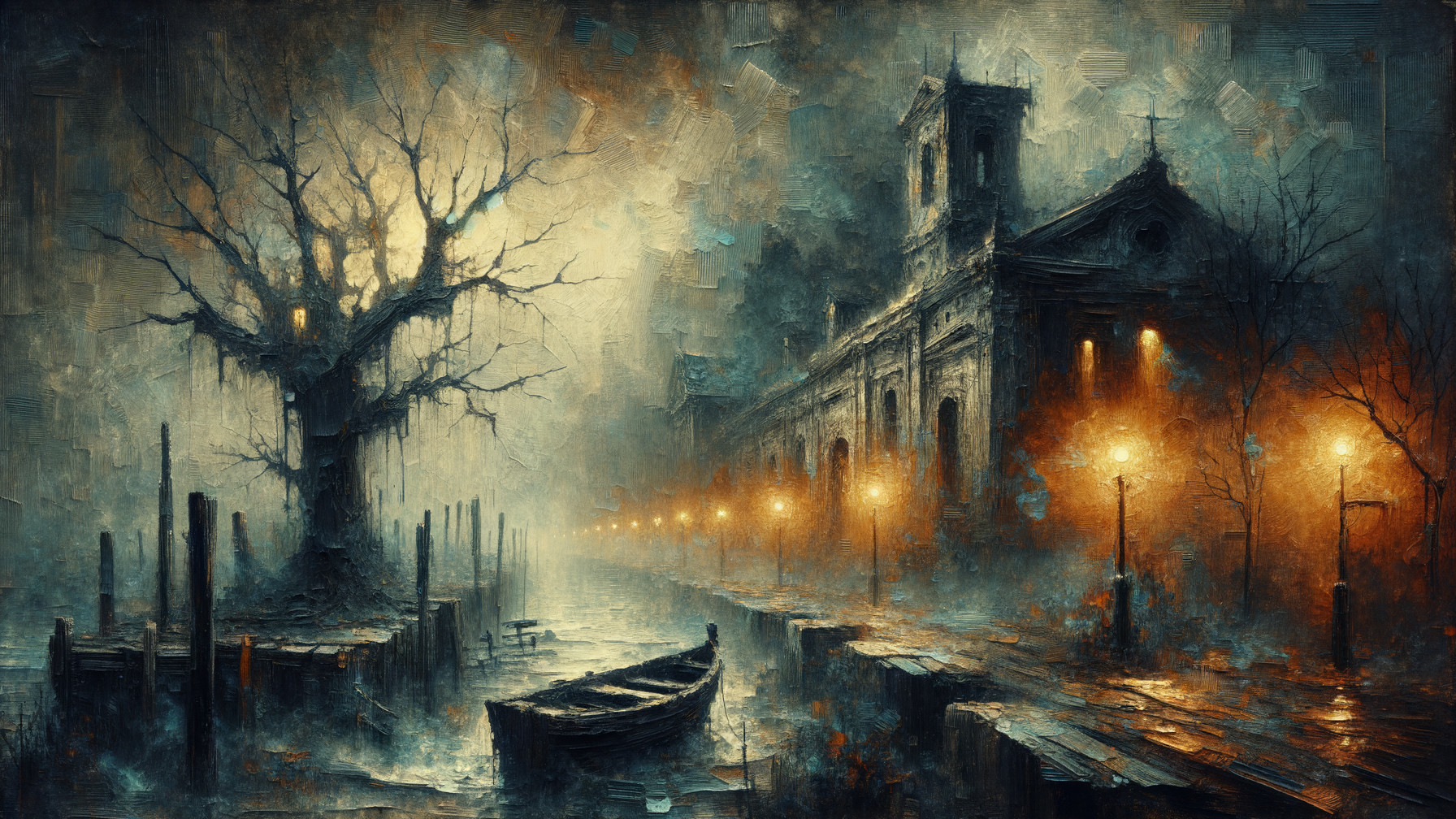 Misty Waterfront Scene with Eerie Tree and Tower