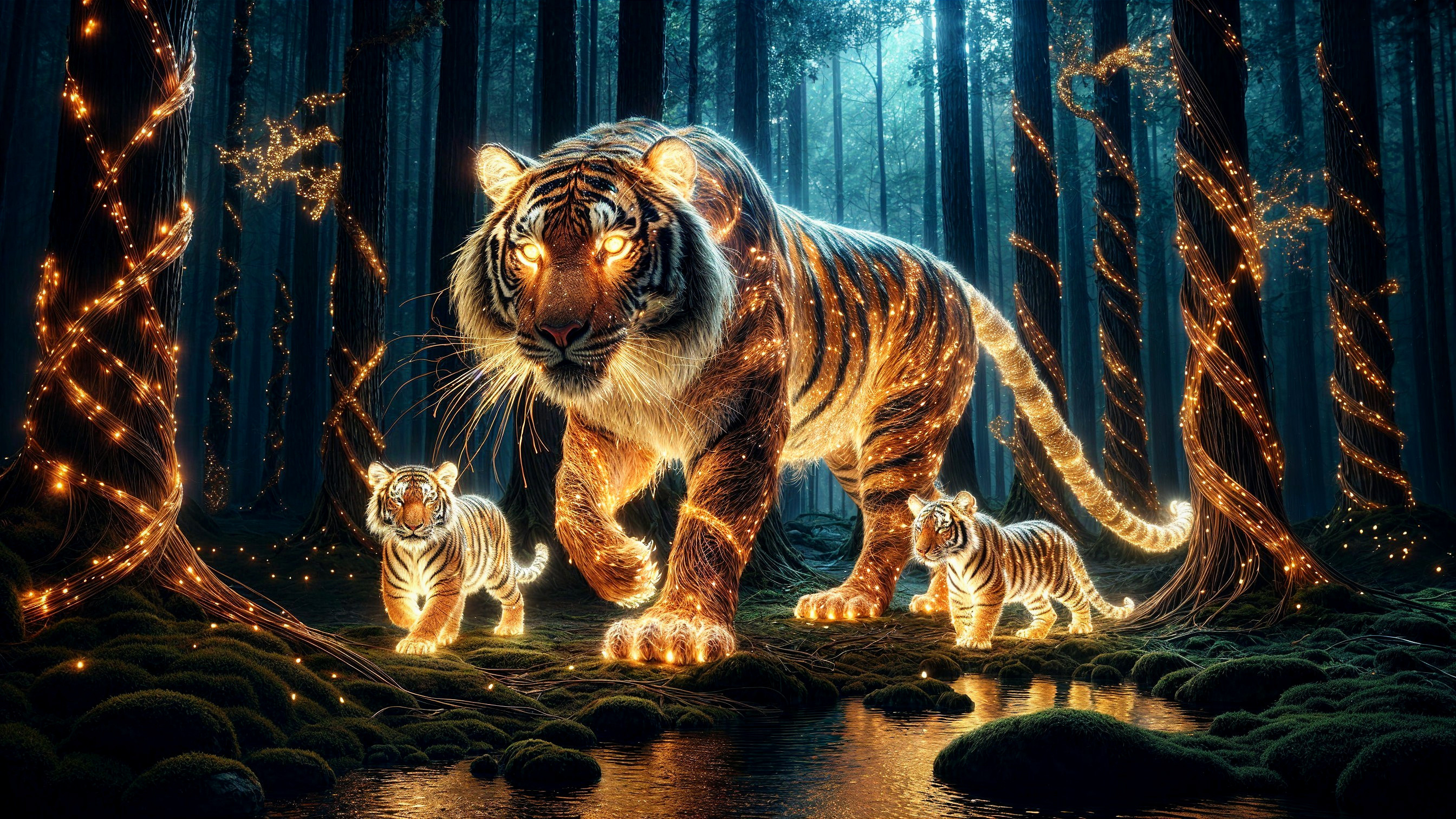 Tiger and Cubs in Enchanted Forest with Golden Lights