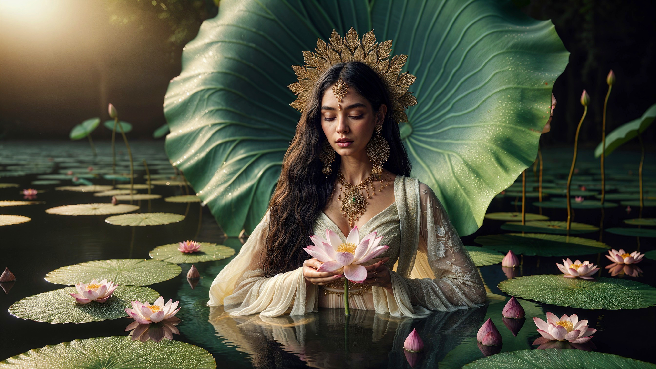 Woman in tranquil waters with vibrant lotus flowers