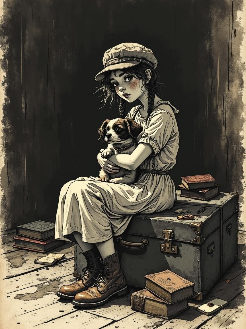 Young girl with puppy on trunk among scattered books