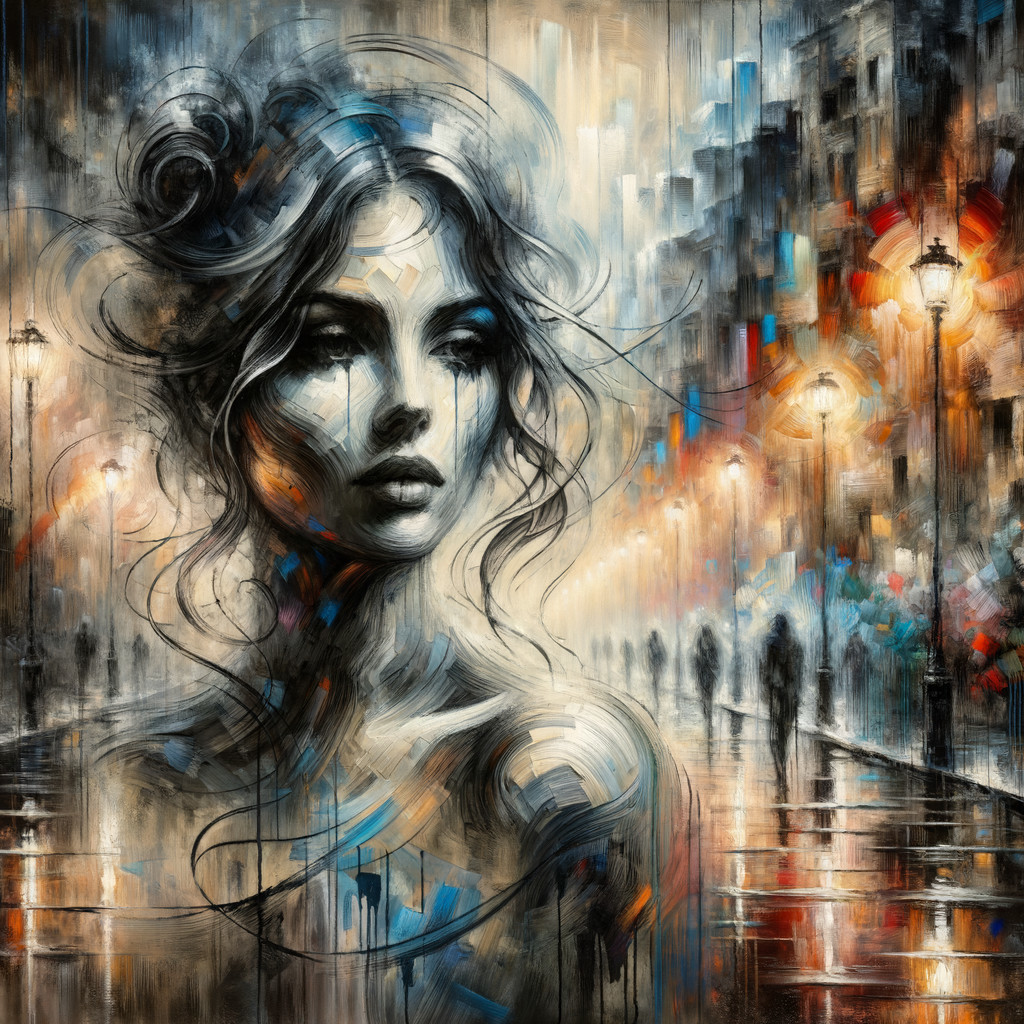Enigmatic Woman in Vibrant Cityscape at Dusk