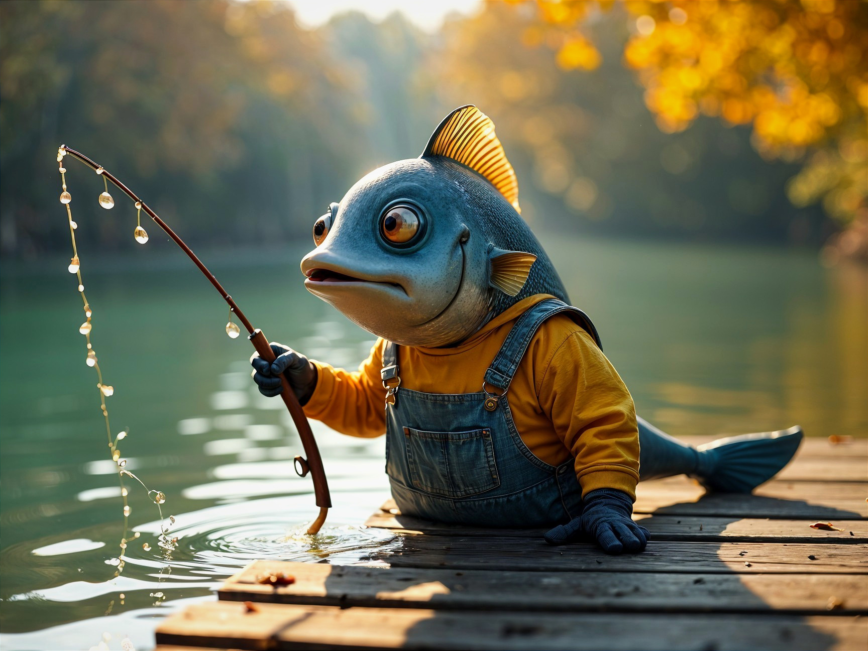 Whimsical Fish in Sweater Fishing on Autumn Lake