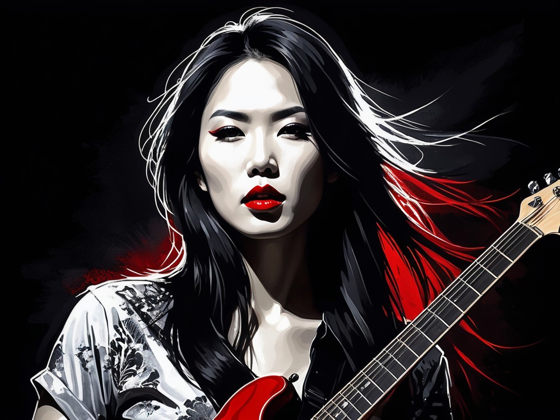 Portrait of a Woman with Guitar Against Black Background