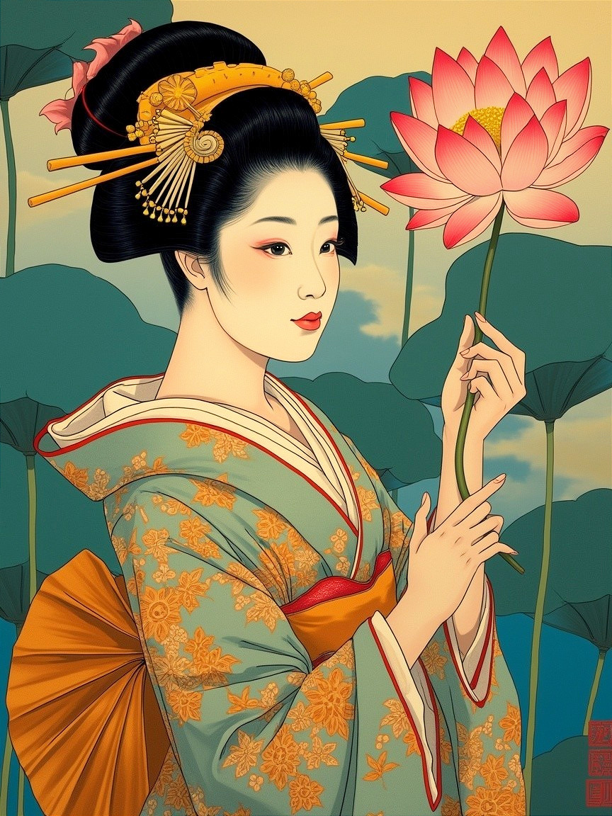 Traditional Kimono Woman with Lotus Flower Artwork
