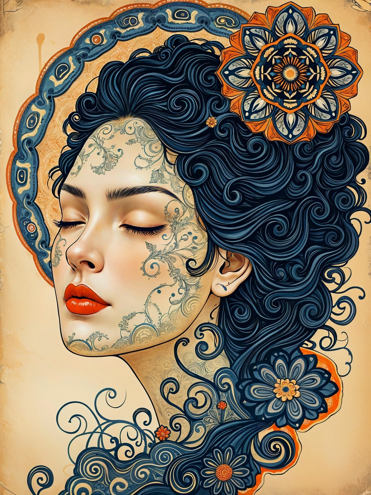 Serene Woman with Dark Blue Hair and Floral Patterns