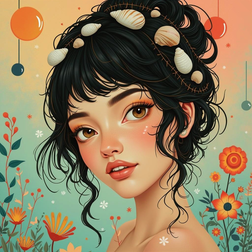 Young woman with seashells in wavy hair and pastel backdrop