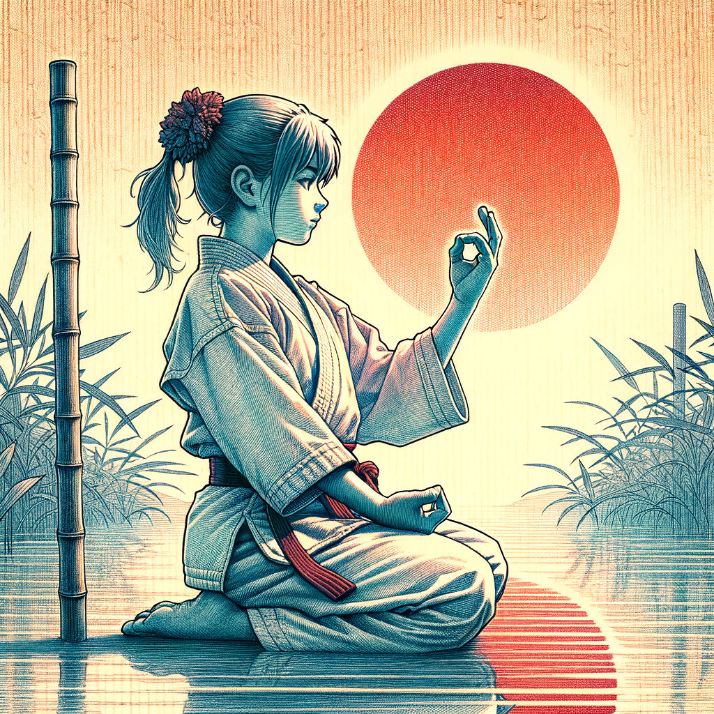 Young Girl Meditating by Tranquil Pond at Sunset