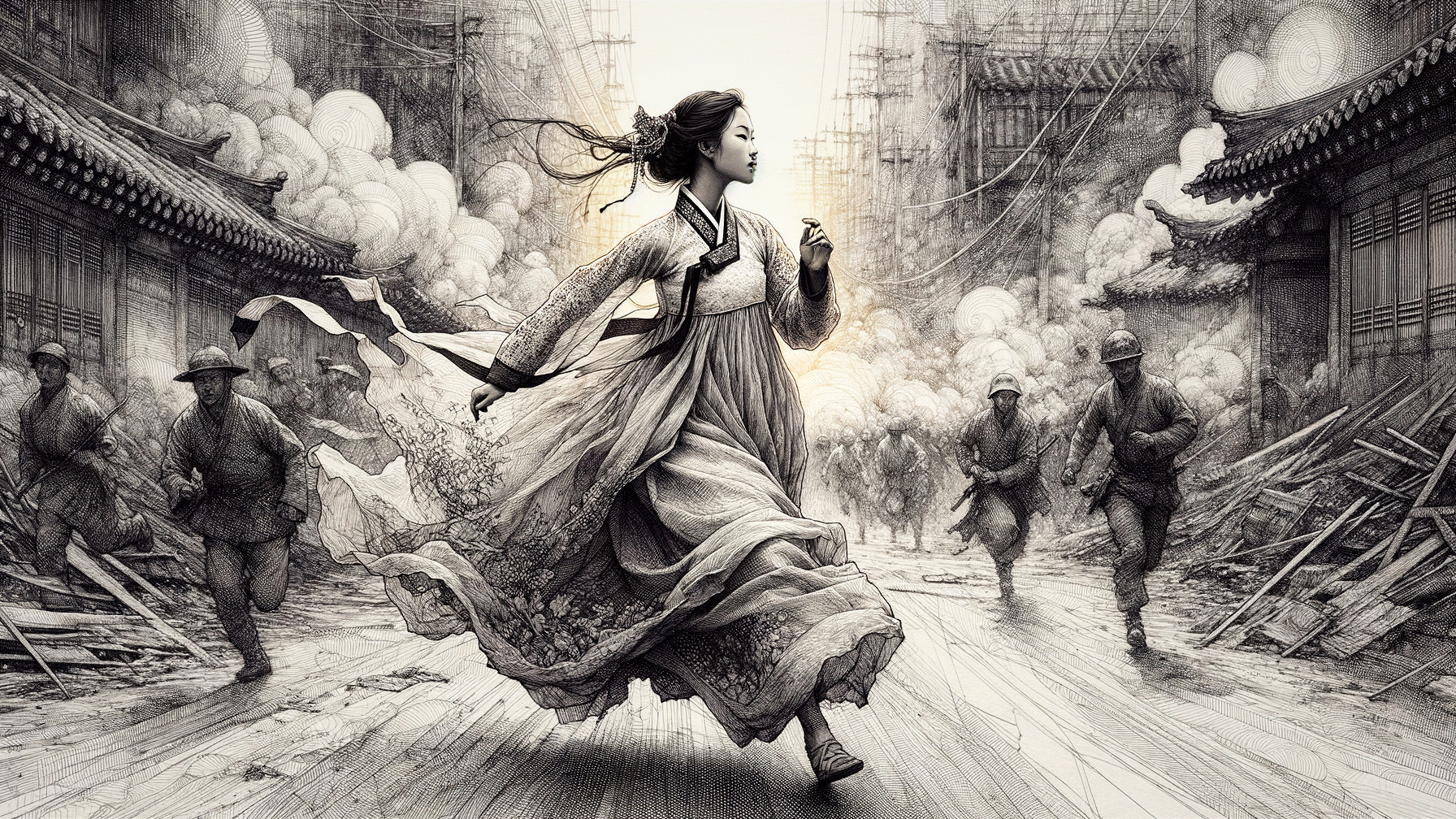 Young Woman in Hanbok Amidst War-Torn Chaos