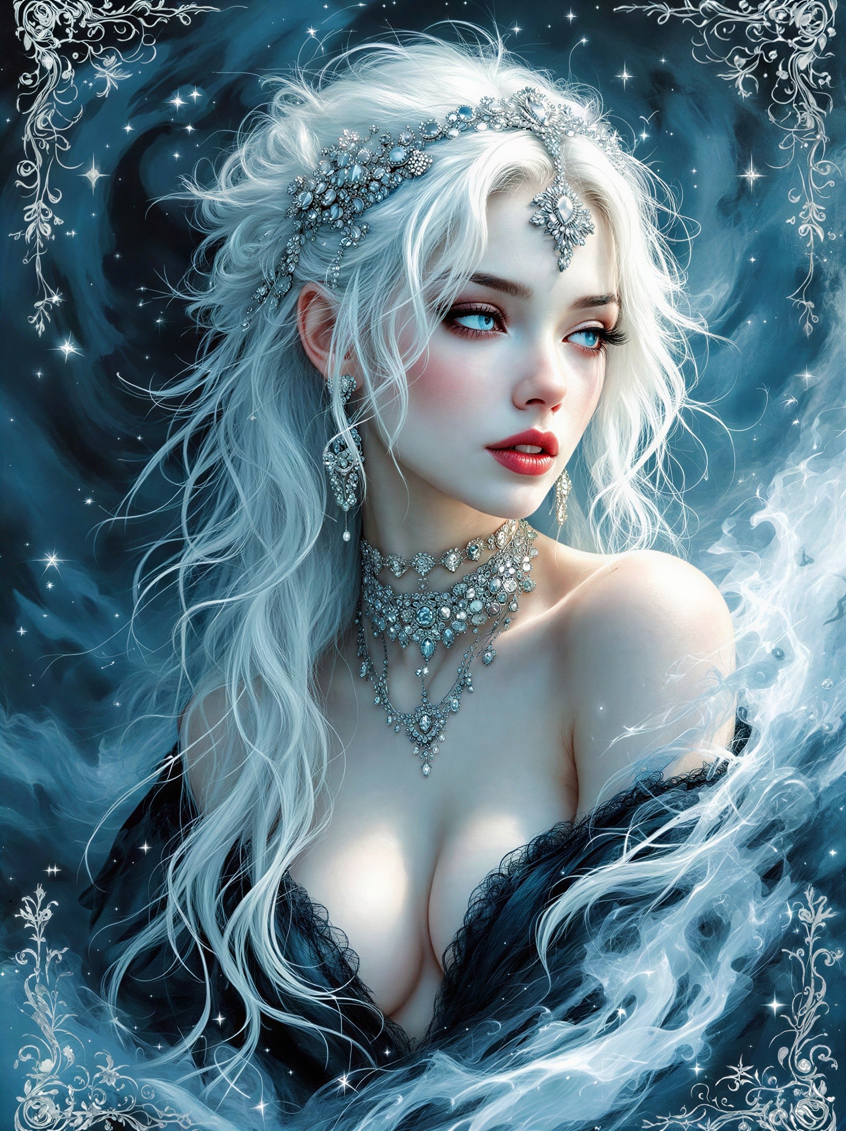 Digital painting of a young woman in a dark dress