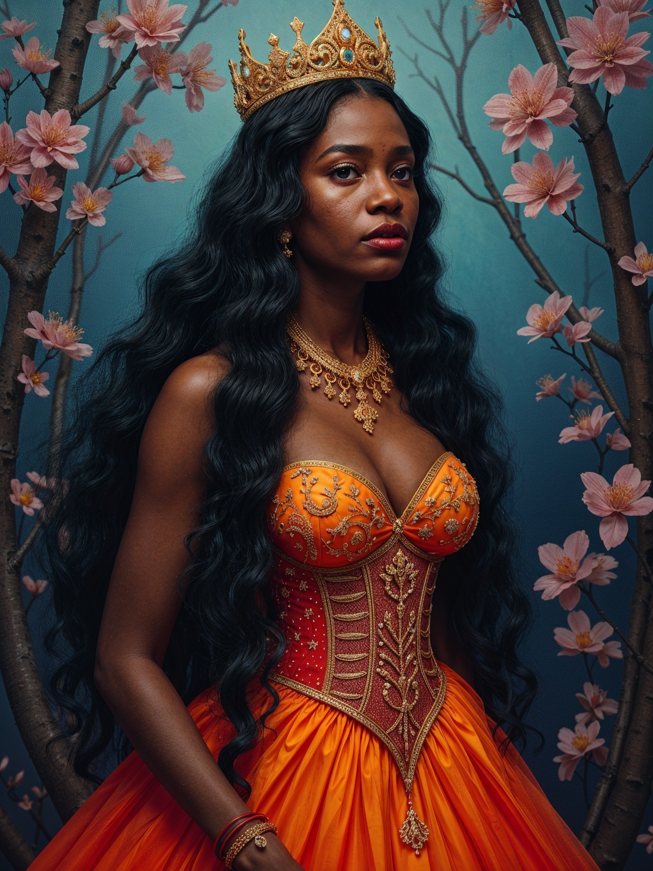 Regal figure in orange gown with cherry blossom backdrop