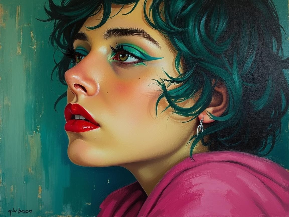 Close-up Portrait of a Young Woman with Teal Hair