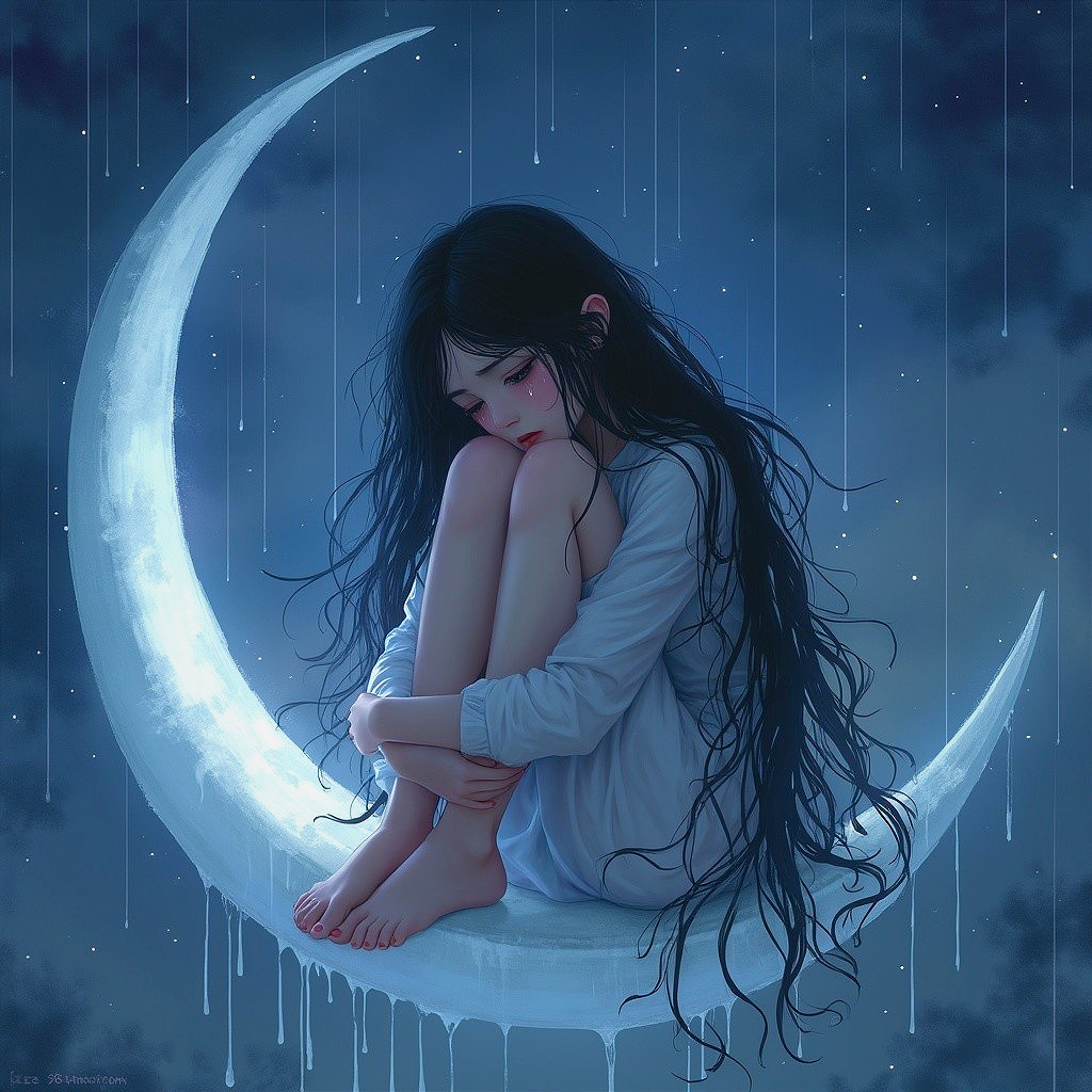 Ethereal Scene of a Girl on a Crescent Moon