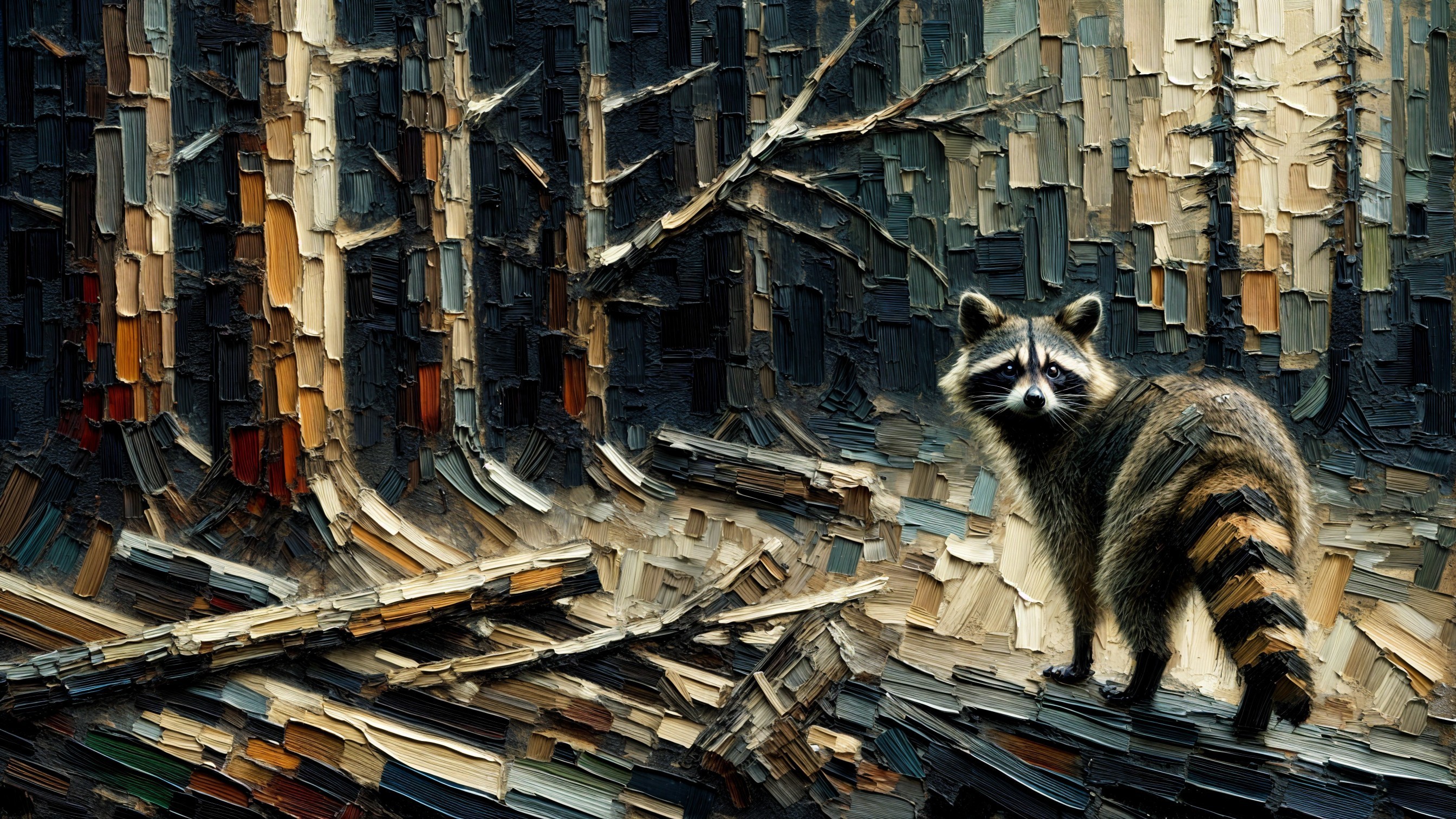 Raccoon on a Log in Impressionistic Forest Scene