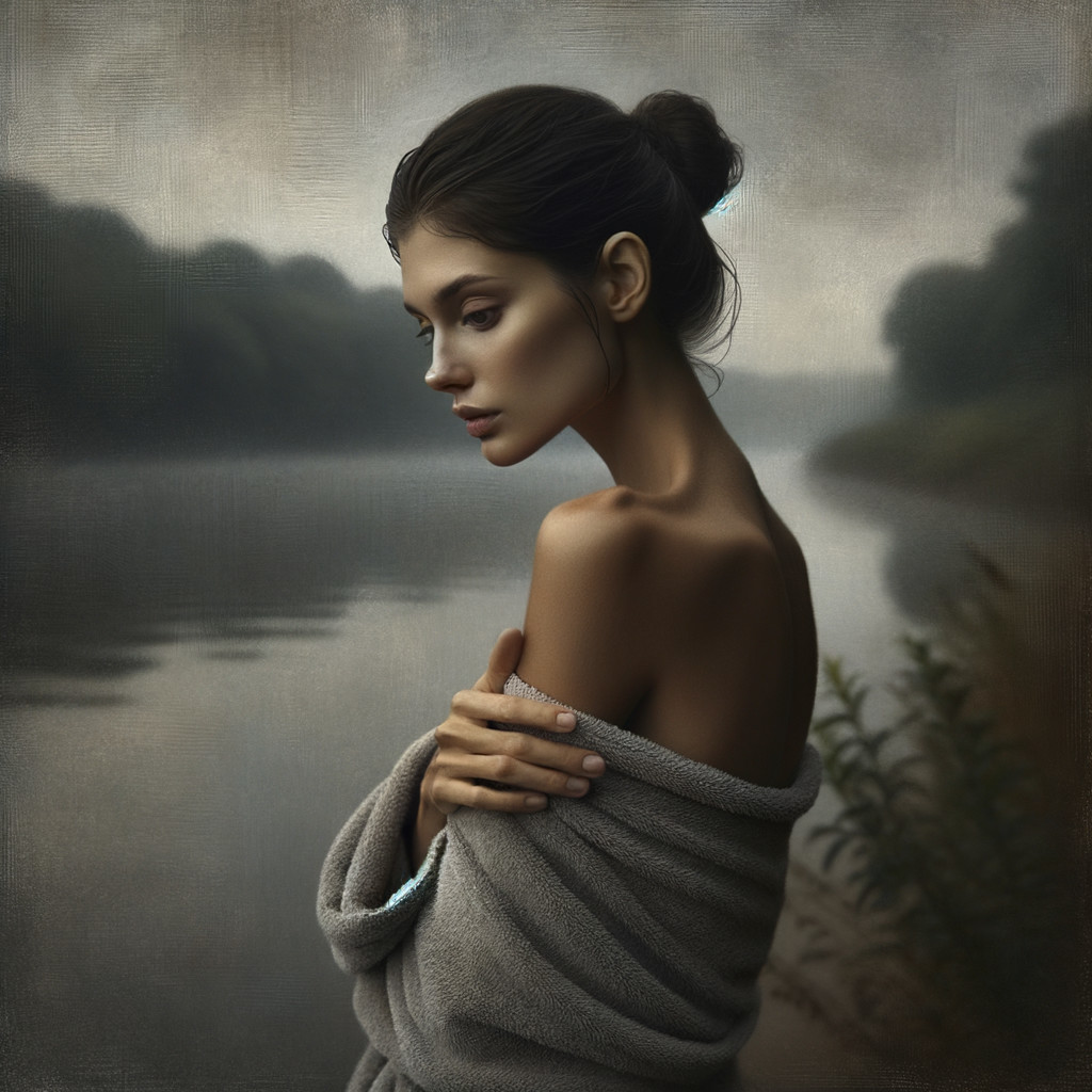 Contemplative Woman by Serene River in Misty Landscape