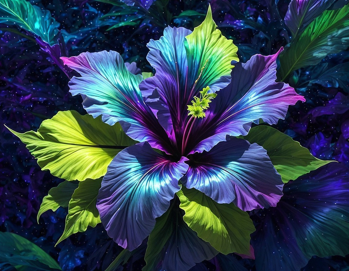 Tropical Plant with Iridescent Purple and Blue Leaves