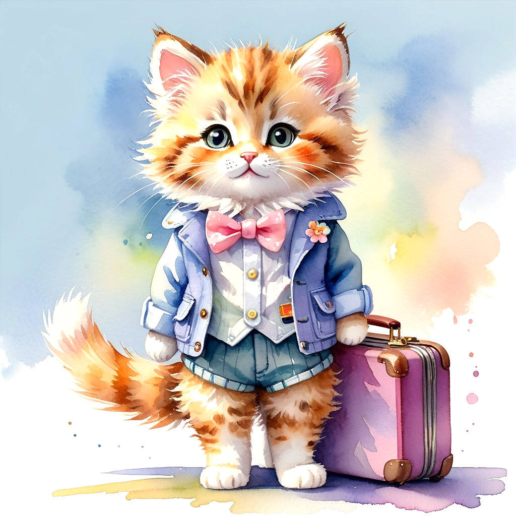 Charming Cartoon Kitten in Blue Jacket with Suitcase