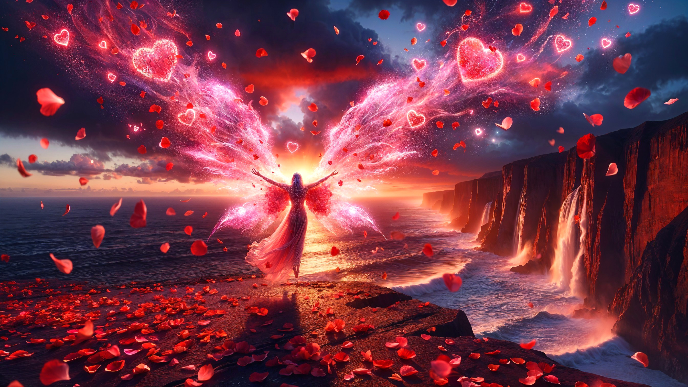 Mystical Twilight Scene with Radiant Figure and Ocean