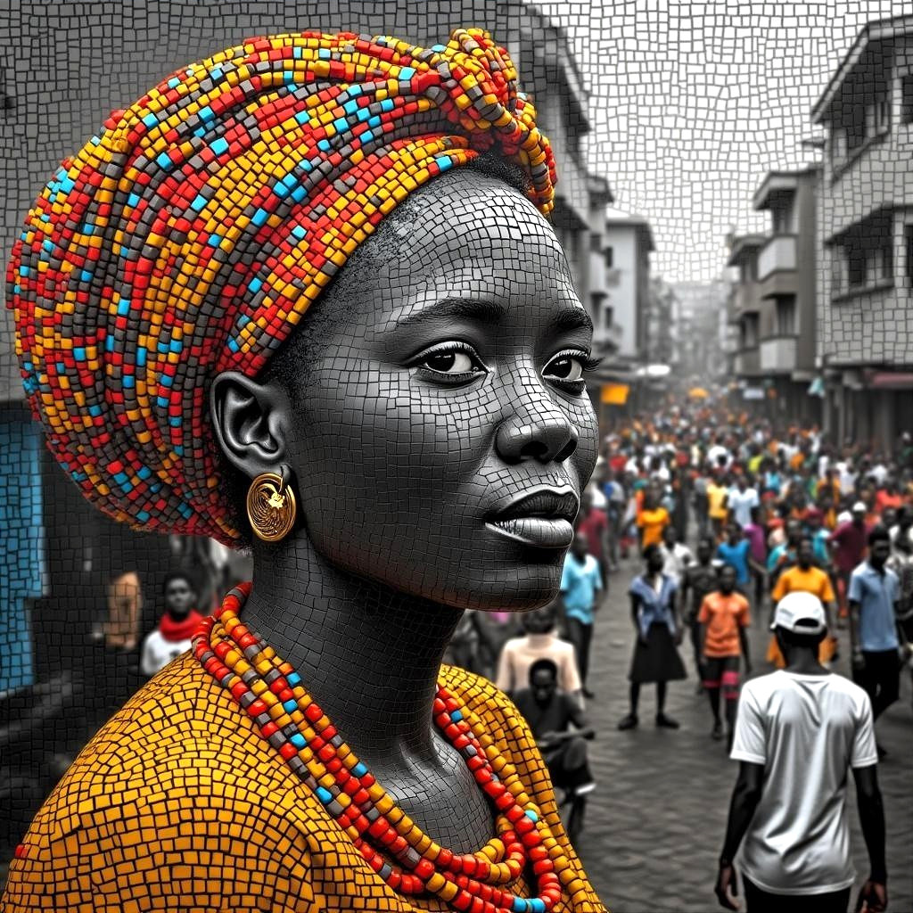 Urban Scene Featuring Mosaic-Inspired Woman
