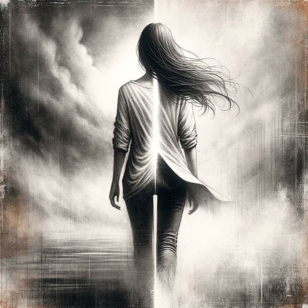 Lone Figure Against Dark Clouds and Light Contrast