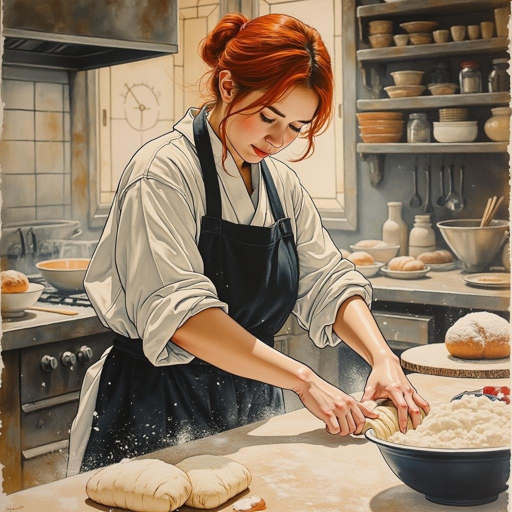 Young woman kneading dough in rustic kitchen setting