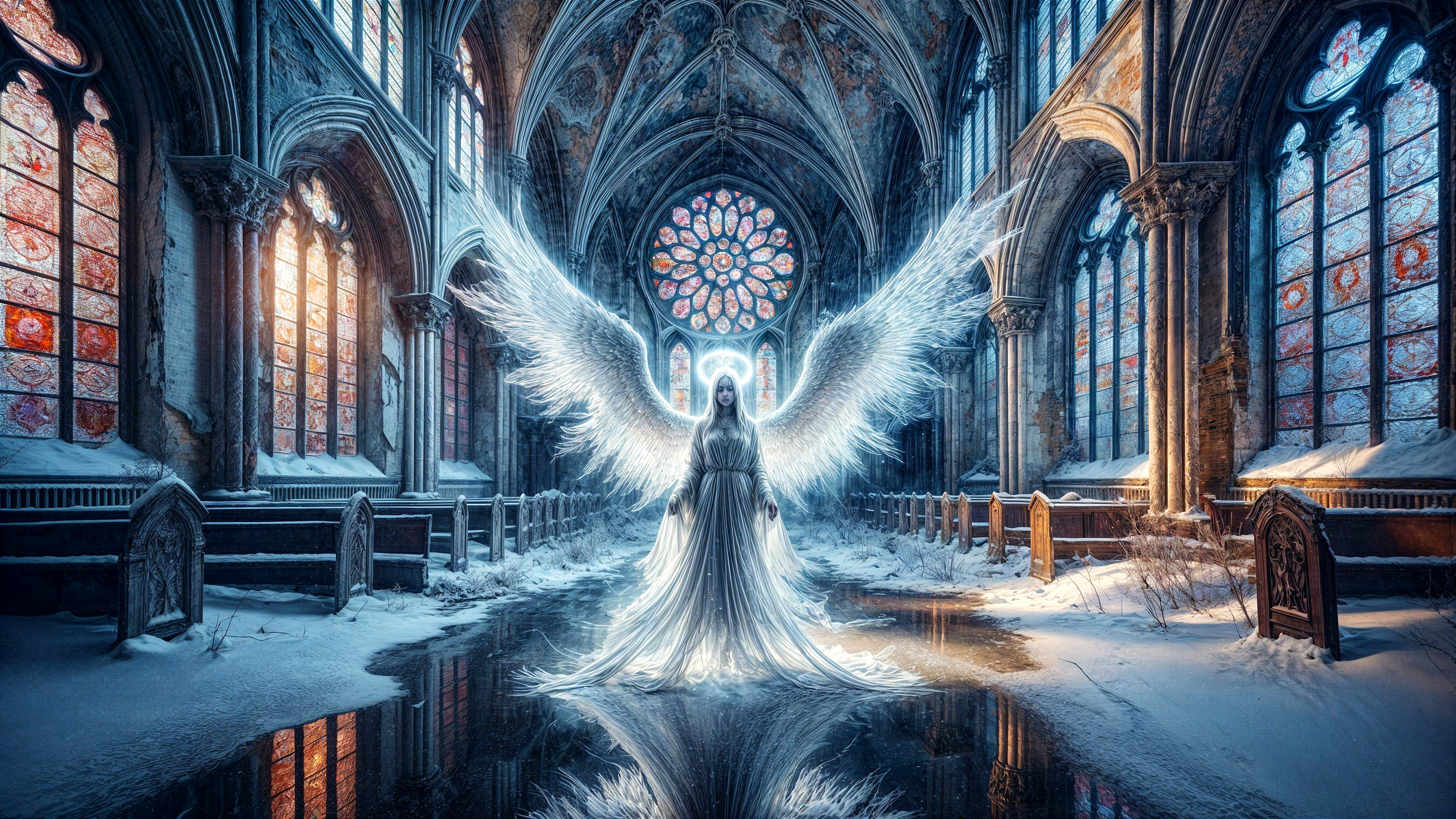 Angelic Figure in Snow-Covered Cathedral Setting