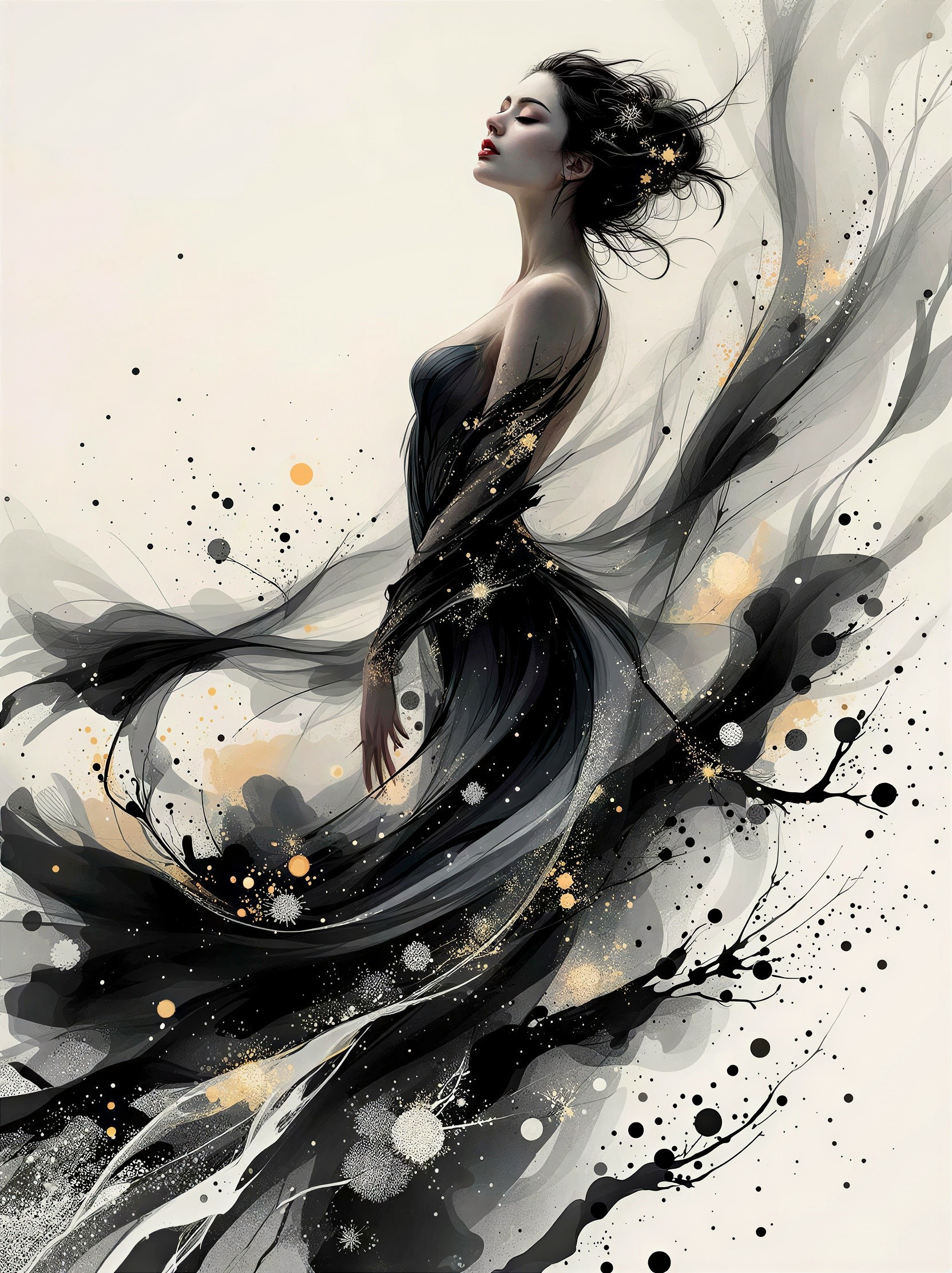 Vertical Illustration of Woman in Stylized Dress