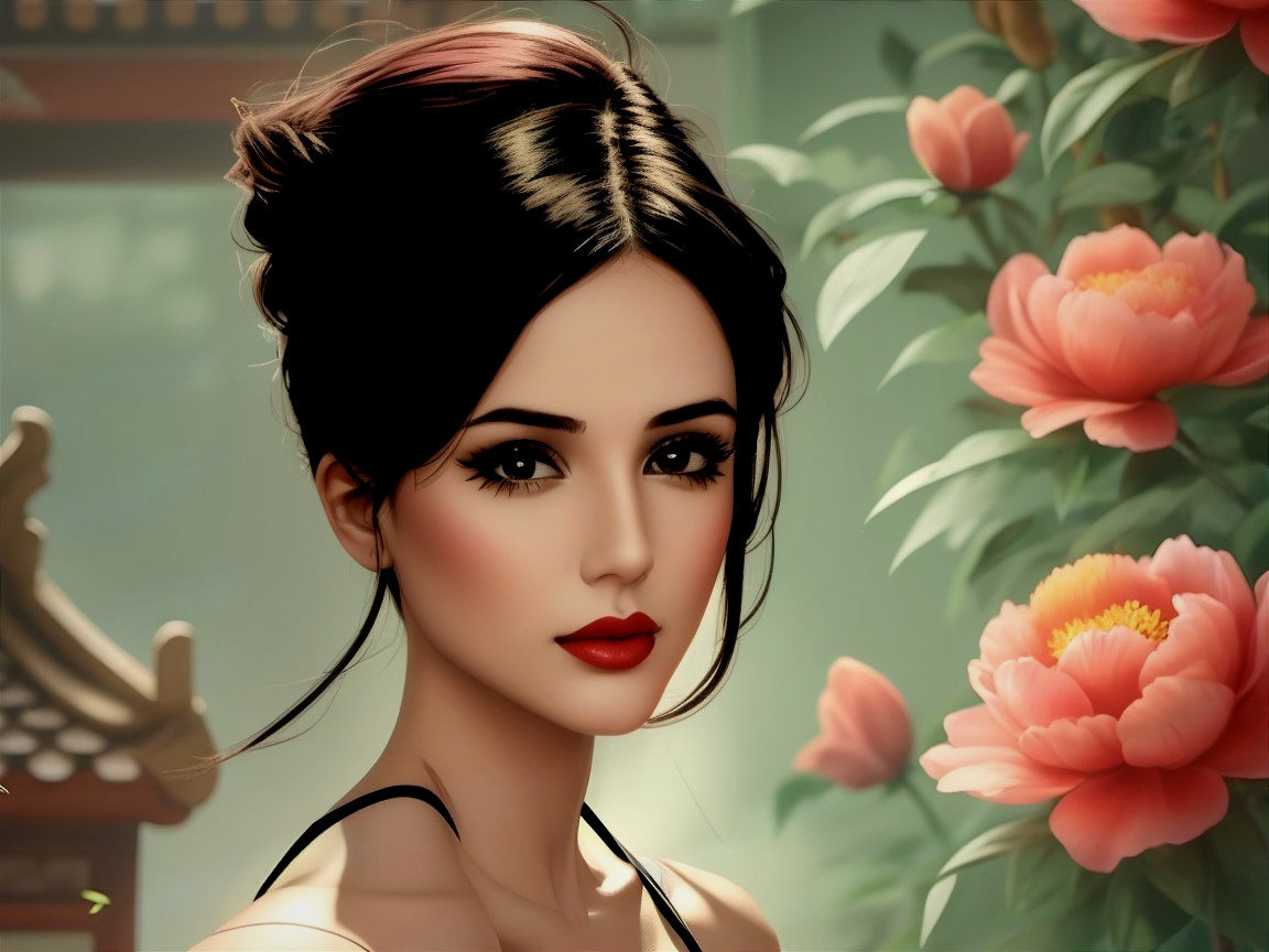 Young Woman with Elegant Updo and Floral Backdrop