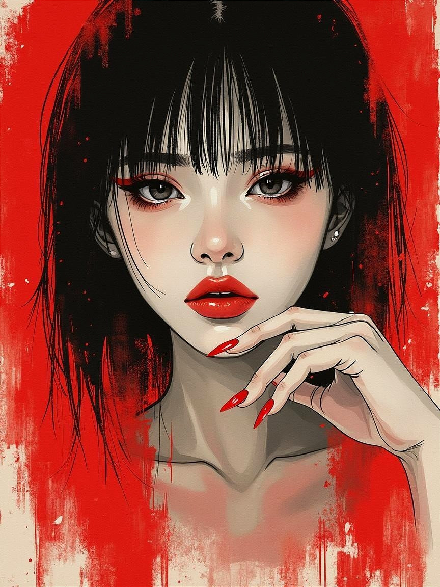 Portrait of a Young Woman with Bold Red Accents