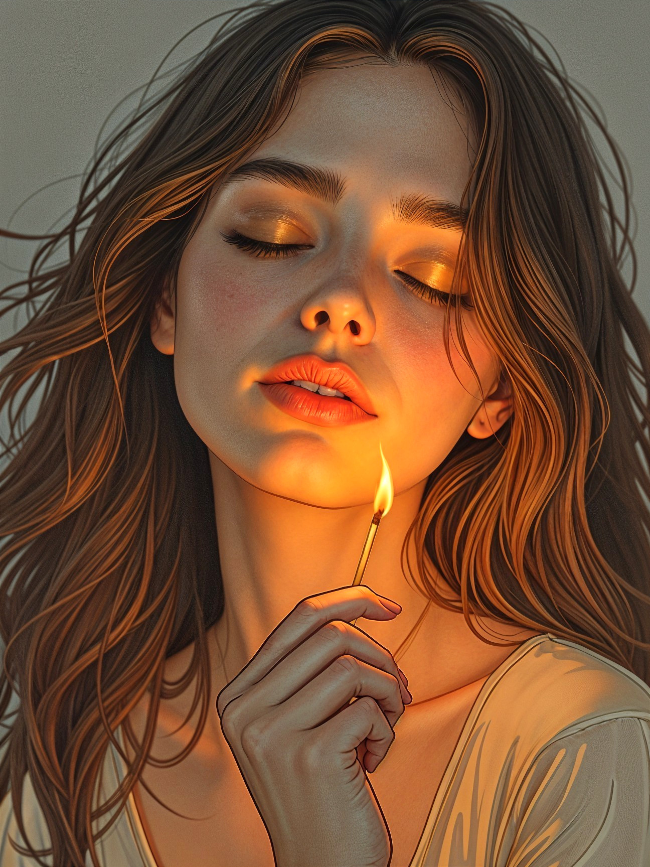 Young Woman Holding a Match with Serene Expression