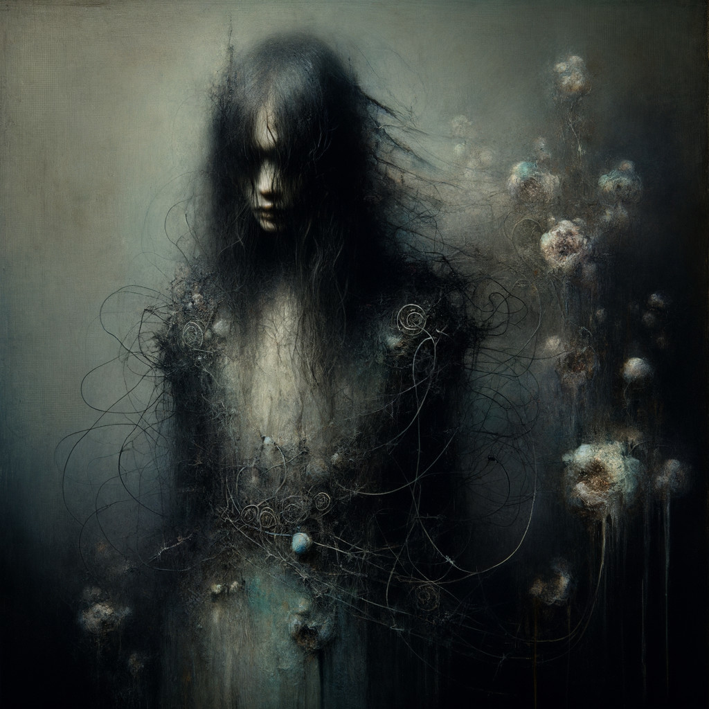 Haunting Figure Surrounded by Ethereal Tendrils and Flowers