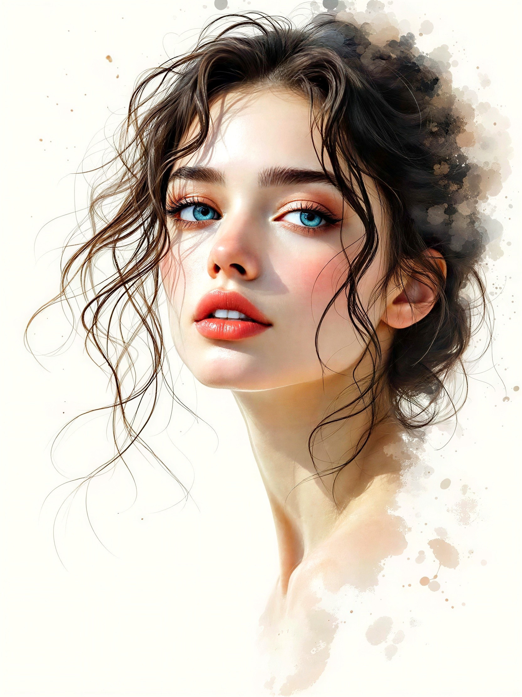 Watercolor Portrait of a Young Woman with Blue Eyes