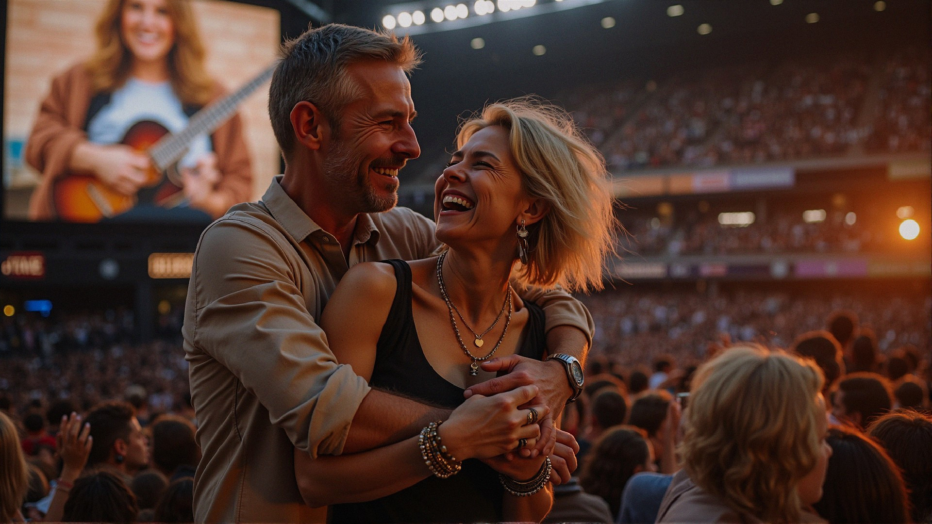Couple Embraces at Lively Concert with Vibrant Crowd