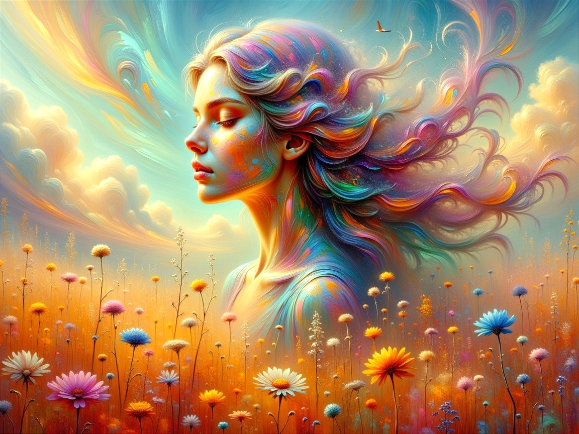 Colorful Hair and Flowers in Dreamlike Scene